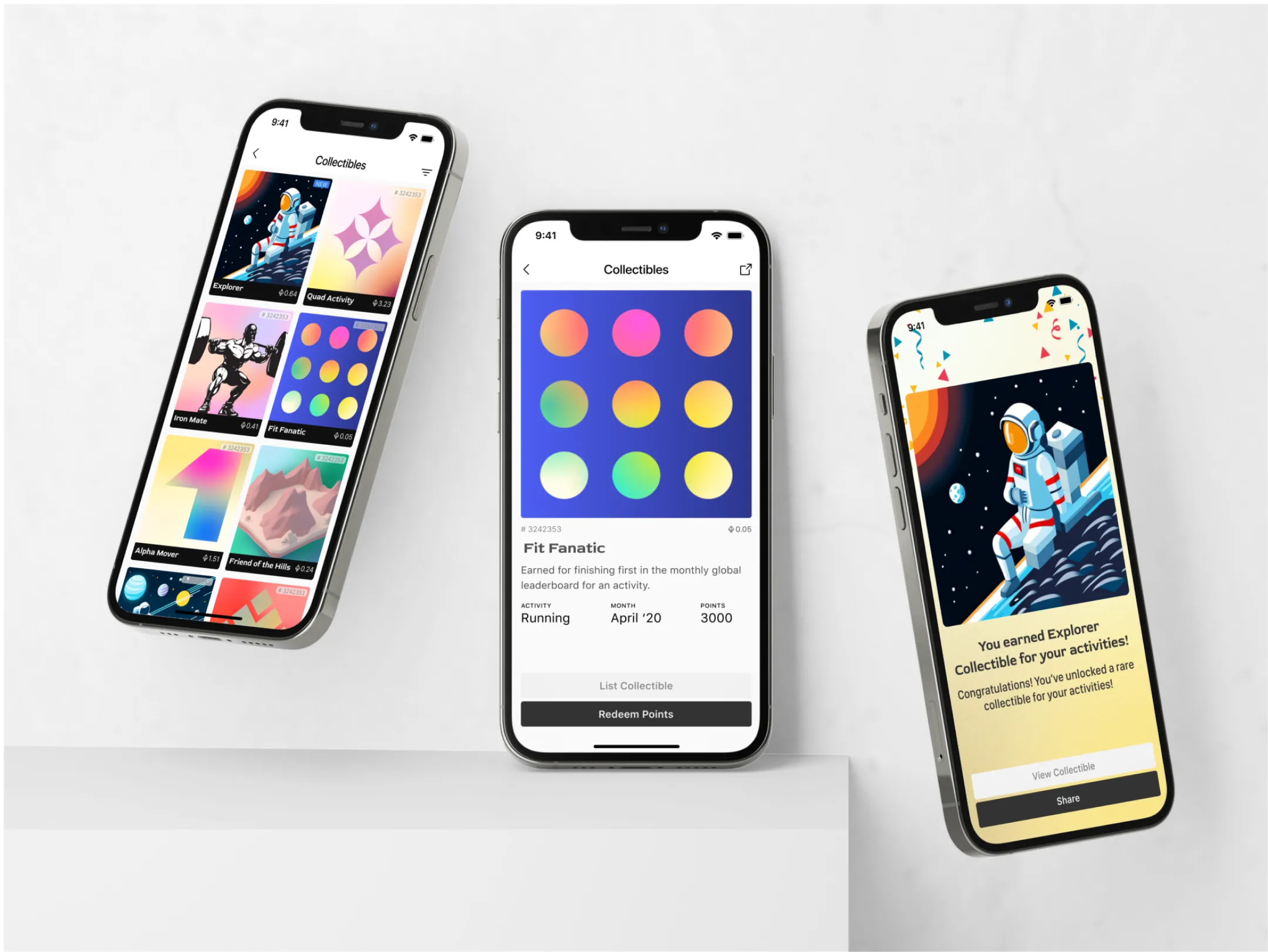 Photo of three phones showing mockups of Collectable NFTs screens