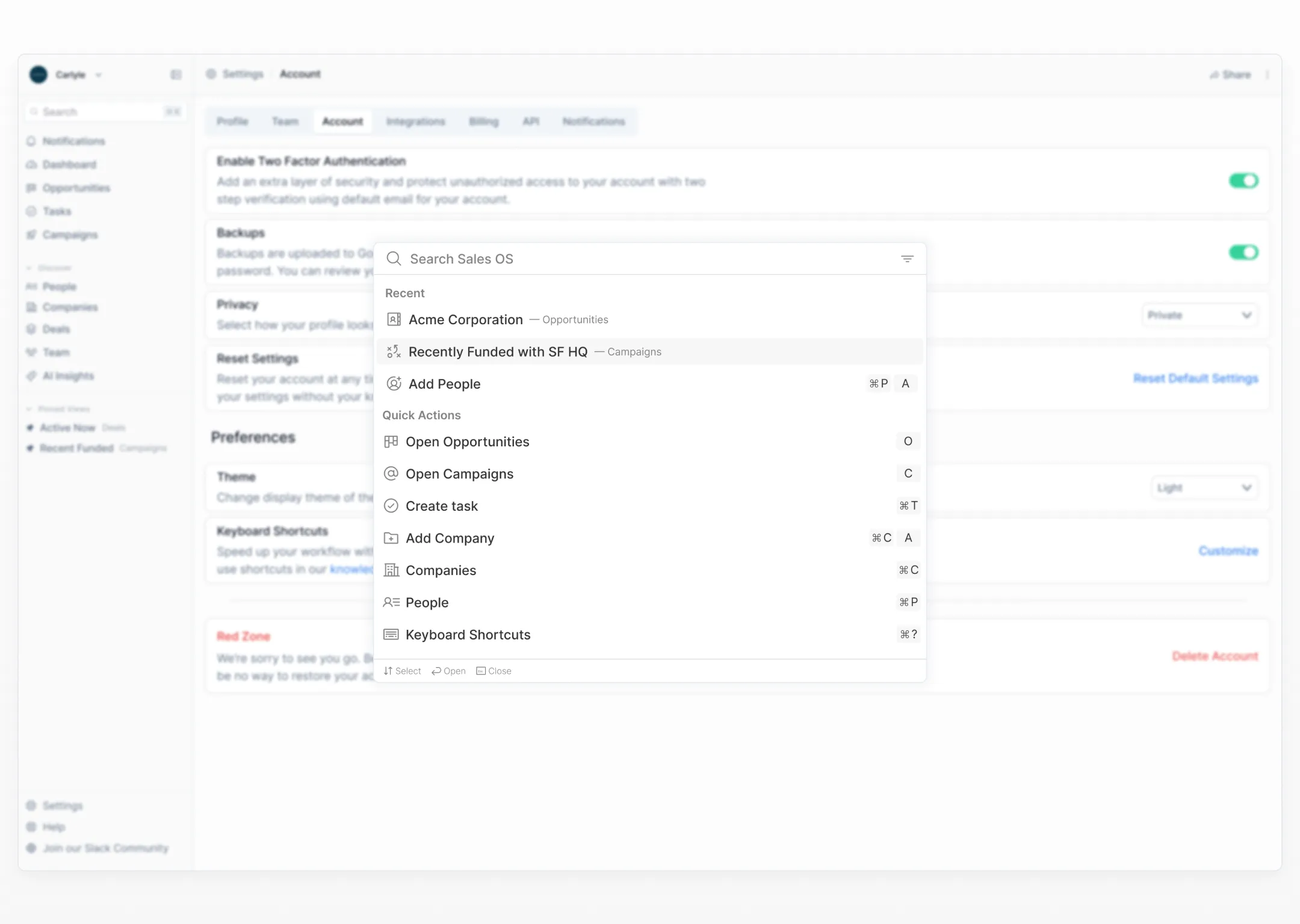 UI Design of a B2B SaaS CRM's Command Search Menu